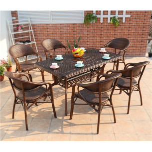 Обеденная группа Стол прямоугольный из литого алюминия ВУЛКАН-2 "VOLCANO-2" 146х80 + 6 Кресел БАМБУК-2 "BAMBOO-2"