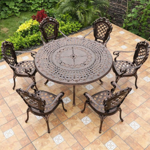 Комплект мебели из литого алюминия стол ВУЛКАН “VOLCANO” D150 арт.6091 + 6 кресел ФИНЛЯНДИЯ-4 "FINLAND-4" арт.6001-6