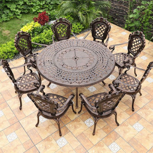 Комплект мебели из литого алюминия стол ВУЛКАН “VOLCANO” D150 арт.6091 + 8 кресел ФИНЛЯНДИЯ-4 "FINLAND-4" арт.6001-8