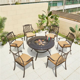 Обеденный комплект из литого алюминия стол Барбекю-4(122см) арт.47410 + 6 кресел ОПУС "OPUS" арт.74304-4