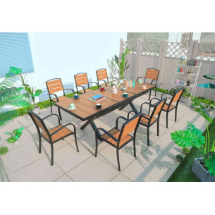 Комплект мебели из литого алюминия с ДПК стол ПОЛИВУД-ТРАНСФОРМЕР 180-240*90 + 8 кресел ПОЛИВУД-1