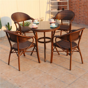 Обеденная мебель из литого алюминия стол круглый из искусственного ротанга D70 БАМБУК "BAMBOO" + 4 Кресла БАМБУК-2 "BAMBOO-2"