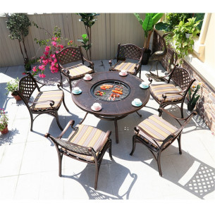 Обеденный комплект из литого алюминия стол Барбекю-4(122см) арт.47410 + 6 кресел ЛИОН "LION" бронза арт.С-05 bronze-6