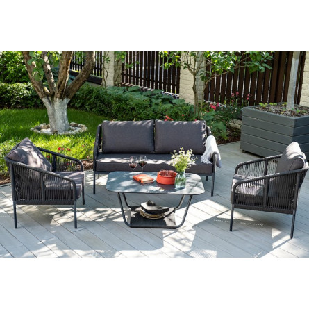 "Канны" кресло плетеное из роупа (веревки), каркас алюминий темно-серый, роуп темно-серый, ткань серая