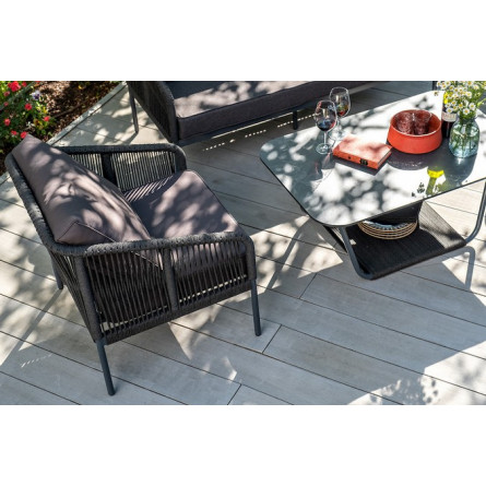 "Канны" кресло плетеное из роупа (веревки), каркас алюминий темно-серый, роуп темно-серый, ткань серая