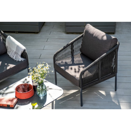 "Канны" кресло плетеное из роупа (веревки), каркас алюминий темно-серый, роуп темно-серый, ткань серая