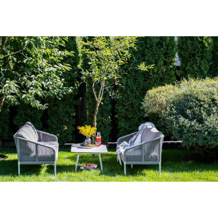 "Канны" диван 2-местный плетеный из роупа, каркас алюминий белый, роуп светло-серый кругл, ткань серая