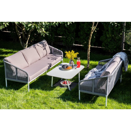 "Канны" диван 2-местный плетеный из роупа, каркас алюминий белый, роуп светло-серый кругл, ткань серая