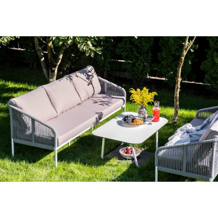 "Канны" диван 2-местный плетеный из роупа, каркас алюминий белый, роуп светло-серый кругл, ткань серая