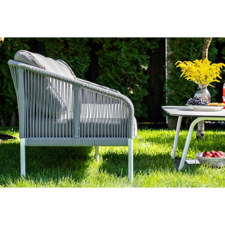 "Канны" диван 2-местный плетеный из роупа, каркас алюминий белый, роуп светло-серый кругл, ткань серая