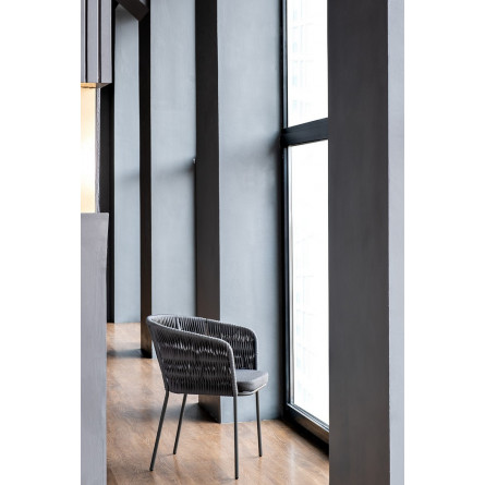 "Бордо" стул плетеный из роупа (колос), каркас сталь серый, роуп серый, ткань серая