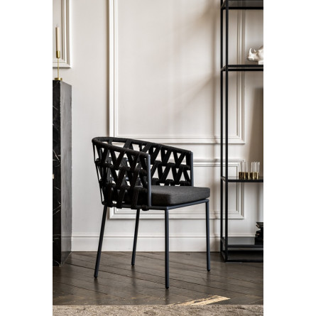 "Диего" стул плетеный из роупа, каркас из стали серый, роуп темно-серый, ткань серая