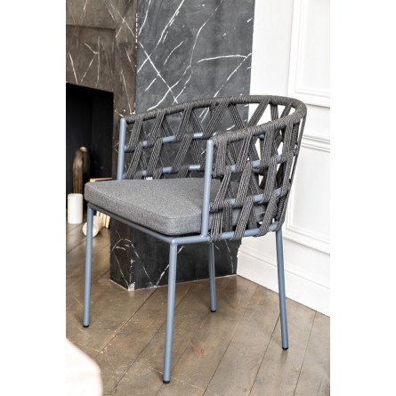 "Диего" стул плетеный из роупа, каркас из стали серый, роуп темно-серый, ткань серая