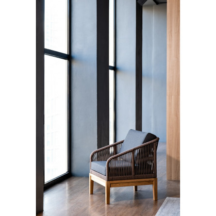 "Канны" кресло плетеное из роупа (веревки), основание дуб, роуп коричневый, ткань серая