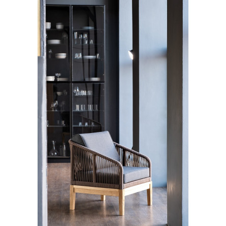 "Канны" кресло плетеное из роупа (веревки), основание дуб, роуп коричневый, ткань серая