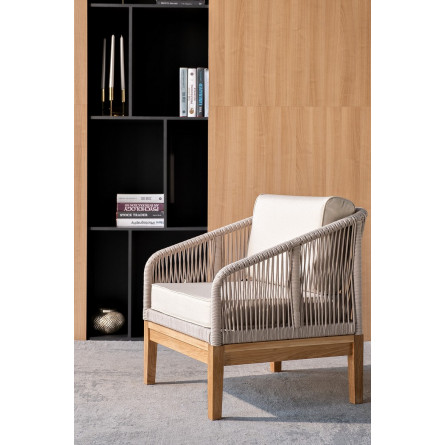 "Канны" кресло плетеное из роупа (веревки), основание дуб, роуп бежевый, ткань бежевая