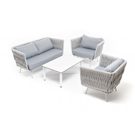 "Монако" лаунж-зона 4-ая из роупа со столом "Канны" молочный, каркас светло-серый, роуп светло-серый