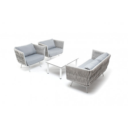"Монако" лаунж-зона 4-ая из роупа со столом "Канны" молочный, каркас светло-серый, роуп светло-серый