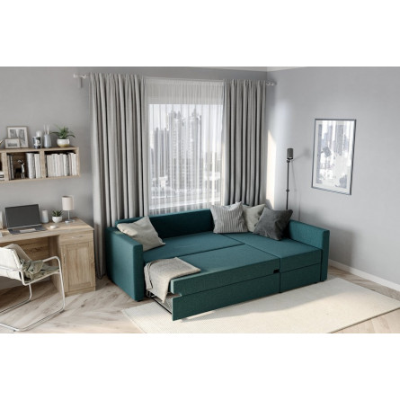 Диван угловой трехместный Тилаус с длинным подлокотником, сине-зелёный, ткань рогожка