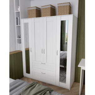 Шкаф СИРИУС четырехдверный с двумя выдвижными ящиками и двумя зеркалами, цвет белый