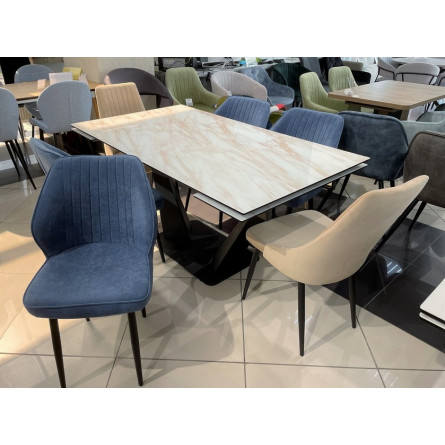 Стол Ниагара 140 БЕЖЕВЫЙ МРАМОР, стекло / ЧЕРНЫЙ М-City