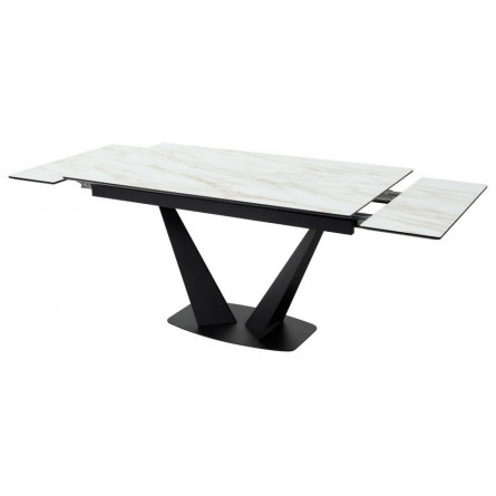 Стол Ниагара 140 БЕЖЕВЫЙ МРАМОР, стекло / ЧЕРНЫЙ М-City