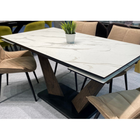 Стол Вирджиния 140 БЕЛЫЙ МРАМОР, стекло сатинат / ЛЕСНОЙ ОРЕХ, ЧЕРНЫЙ, М-City