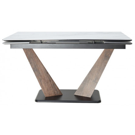 Стол Вирджиния 140 БЕЛЫЙ МРАМОР, стекло сатинат / ЛЕСНОЙ ОРЕХ, ЧЕРНЫЙ, М-City