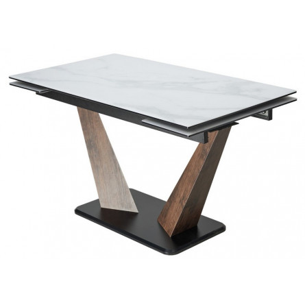 Стол Вирджиния 140 БЕЛЫЙ МРАМОР, стекло сатинат / ЛЕСНОЙ ОРЕХ, ЧЕРНЫЙ, М-City