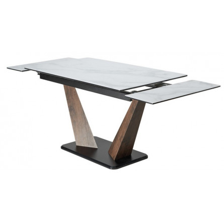 Стол Вирджиния 140 БЕЛЫЙ МРАМОР, стекло сатинат / ЛЕСНОЙ ОРЕХ, ЧЕРНЫЙ, М-City