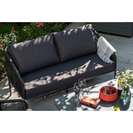 "Канны" диван 2-местный плетеный из роупа, каркас алюминий темно-серый (RAL7024) шагрень, роуп темно-серый круглый, ткань темно-