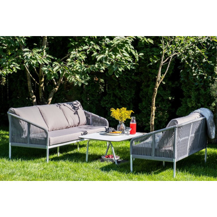 "Канны" диван 3-местный плетеный из роупа, каркас алюминий белый шагрень, роуп светло-серый круглый, ткань серая