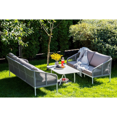 "Канны" диван 3-местный плетеный из роупа, каркас алюминий белый шагрень, роуп светло-серый круглый, ткань серая