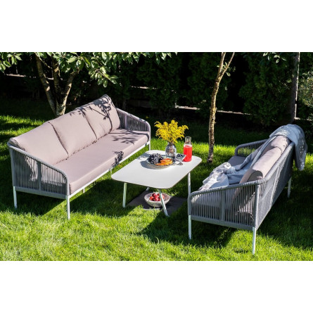 "Канны" диван 3-местный плетеный из роупа, каркас алюминий белый шагрень, роуп светло-серый круглый, ткань серая