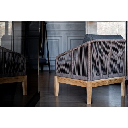 "Канны" кресло плетеное из роупа, основание дуб, роуп коричневый круглый, ткань Savana Grafit