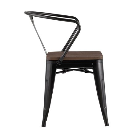 Tolix с подлокотниками черный глянцевый + темное дерево, металлическое основание, оцинкованная с