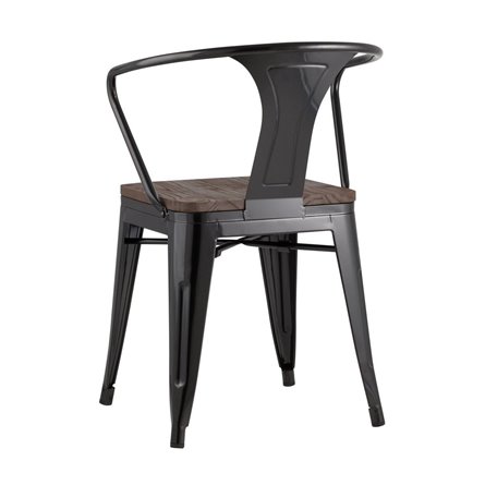 Tolix с подлокотниками черный глянцевый + темное дерево, металлическое основание, оцинкованная с