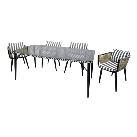 Набор мебели Монте-Карло арт.MK-MT001,MK-MT005-2024 бежевый, (4 кресла+стол 180х100см, каркас черный, ротанг жемчуг, ткань пол