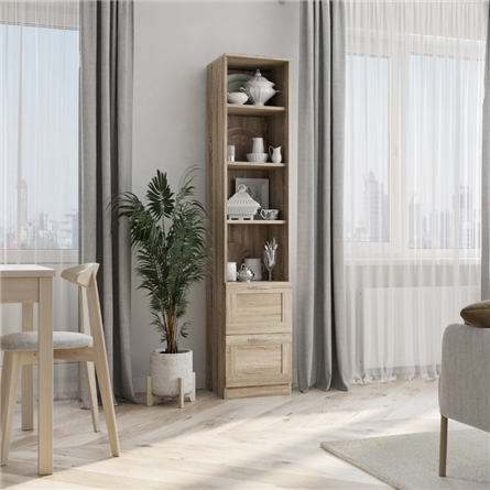 Стеллаж СИРИУС узкий, с двумя ящиками и четырьмя полками, цвет Дуб Сонома