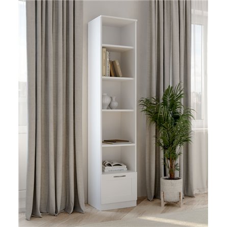 Стеллаж СИРИУС узкий, с ящиком и четырьмя полками, цвет белый