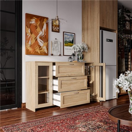 Тумба СИРИУС длинная с двумя стеклянными дверьми и тремя ящиками, цвет Дуб Сонома