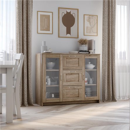 Тумба СИРИУС с двумя стеклянными дверьми и тремя ящиками, цвет Дуб Сонома