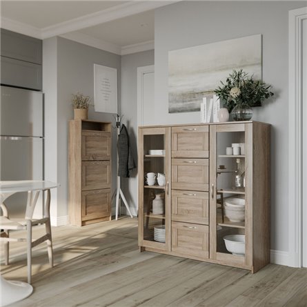 Тумба СИРИУС с двумя стеклянными дверьми и четырьмя ящиками, цвет Дуб Сонома