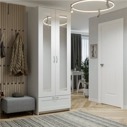 Шкаф СИРИУС двухдверный белый с одним выдвижным ящикам и двумя зеркалами