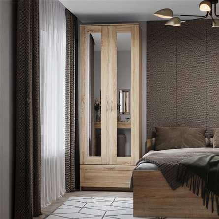 Шкаф СИРИУС двухдверный с одним выдвижным ящикам и двумя зеркалами, цвет Дуб Сонома