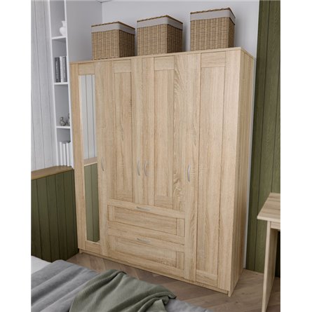 Шкаф СИРИУС четырехдверный с двумя выдвижными ящиками и зеркалом, цвет Дуб Сонома