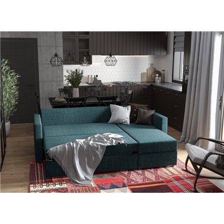 Диван угловой трехместный Вало с коротким подлокотником, сине-зелёный, ткань рогожка
