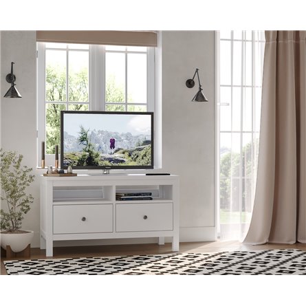 Тумба ТВ 02 Кантри с двумя ящиками и нишами, массив сосны, цвет белый