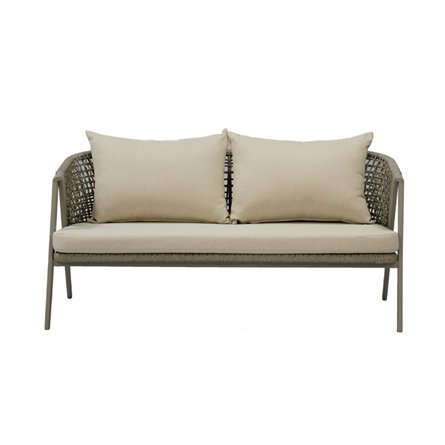 "Амстердам" диван 2-местный плетеный из роупа, каркас алюминий, роуп серый круглый, ткань серая