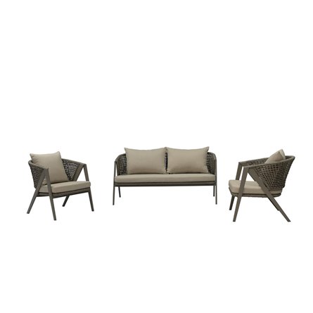 "Амстердам" диван 2-местный плетеный из роупа, каркас алюминий, роуп серый круглый, ткань серая